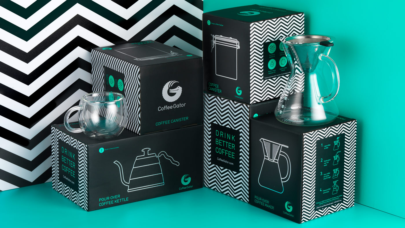 Photo of Coffee Gator packaging, range shot of 5 boxes