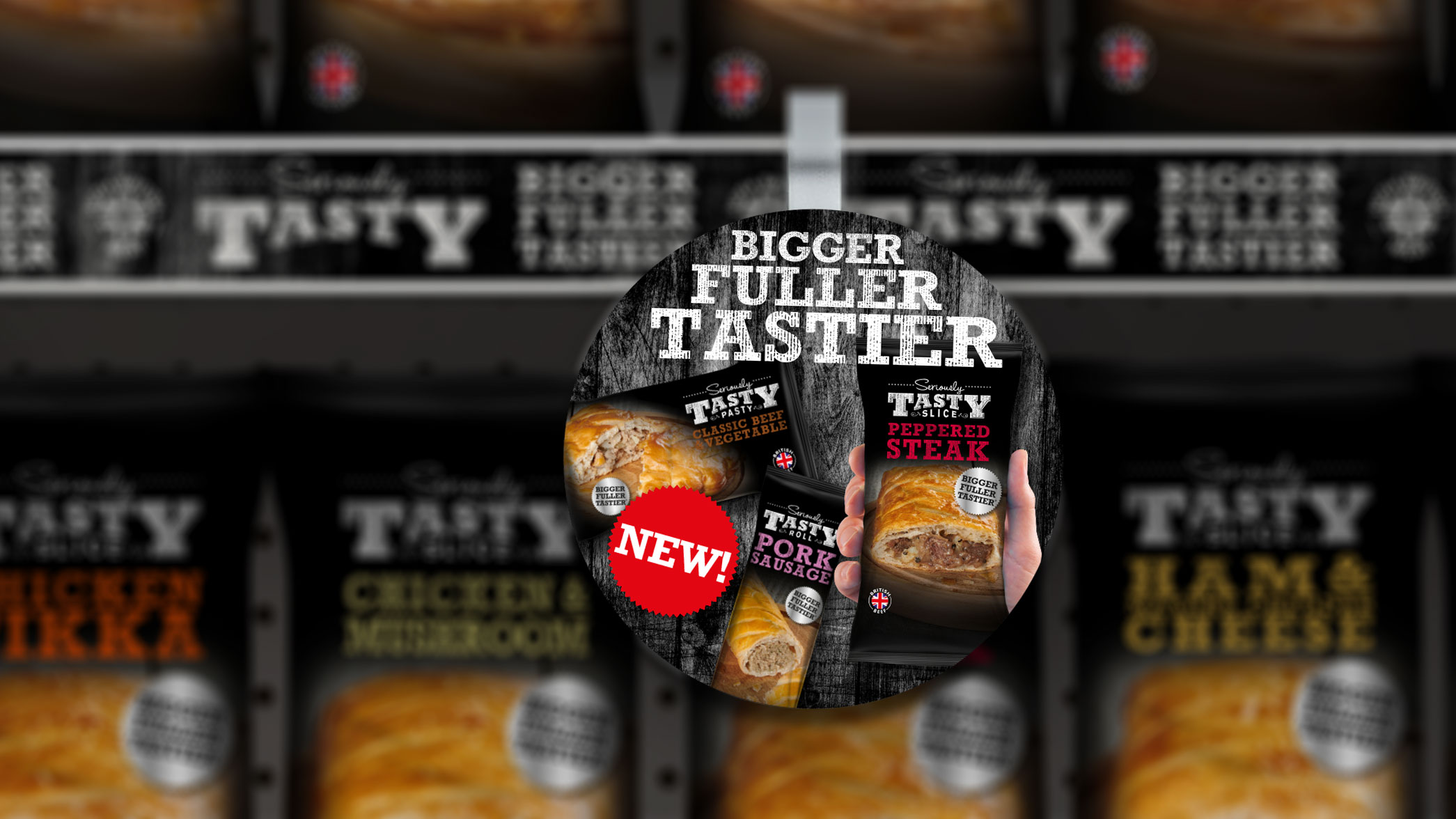 Photograph showing Seriously Tasty packaging design on supermarket shelf along with point of sale shelf wobblers